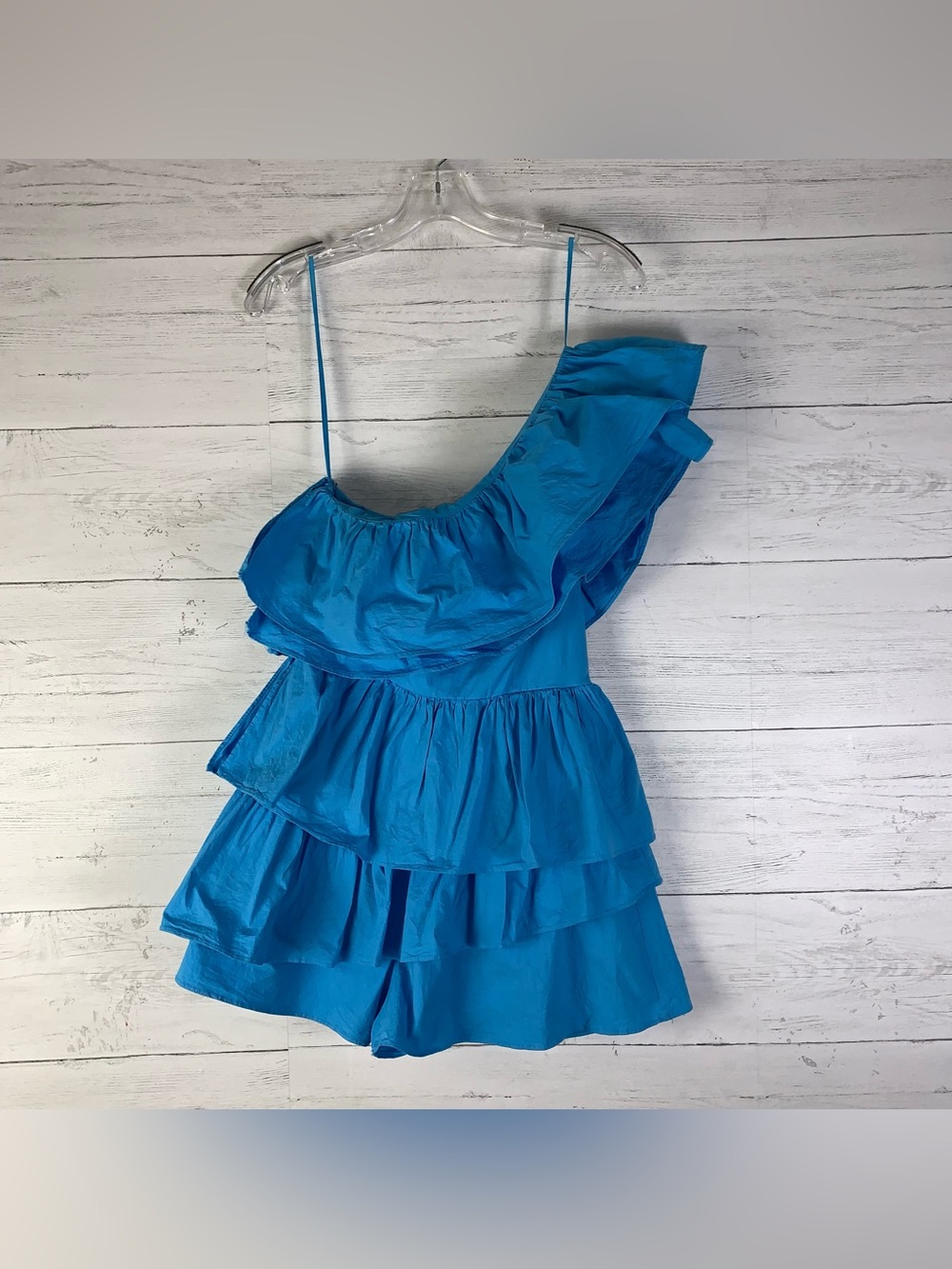 Do+Be One Shoulder Ruffle Romper In Ocean Blue Size Medium